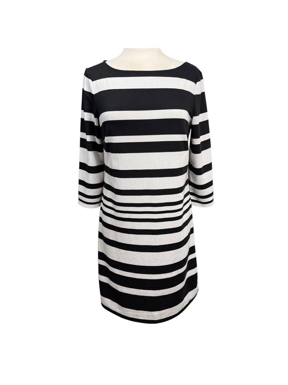 New York & Company Black White Striped 3/4 Sleeve Shift Dress Size M
